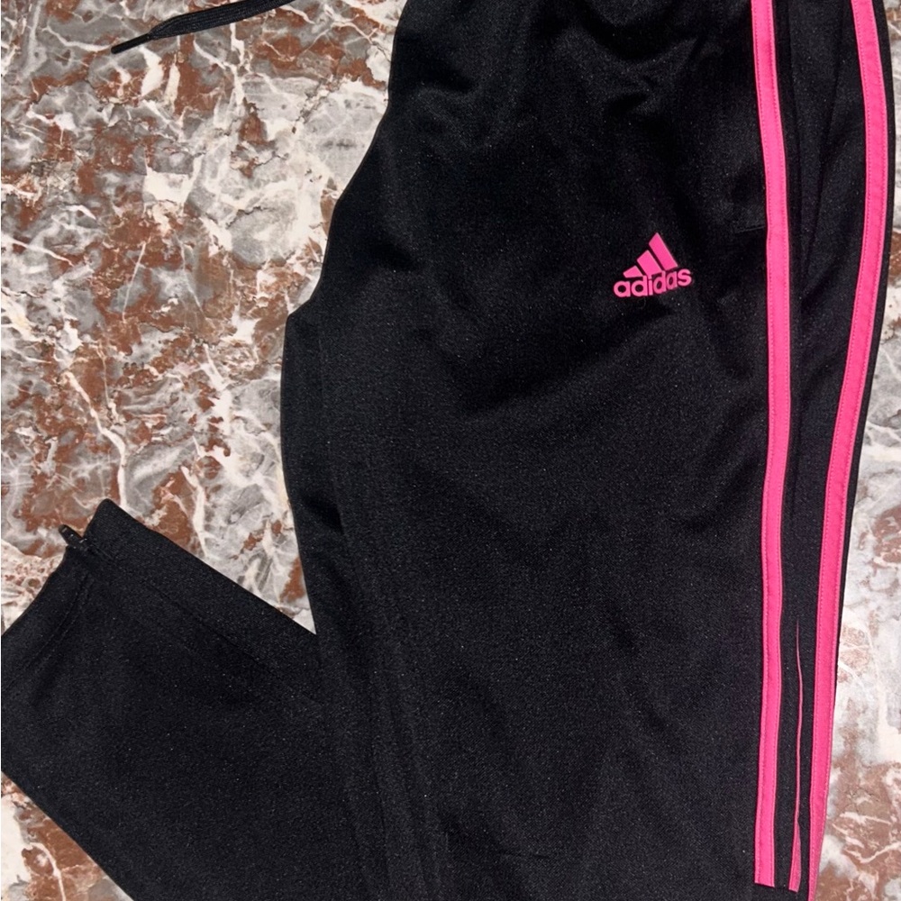 Adidas Black Joggers with Pink Stripes
